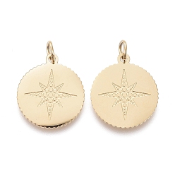 Golden Ion Plating(IP) 304 Stainless Steel Pendants, with Jump Ring, Laser Cut, Flat Round with Star, Golden, 14x12x0.8mm, Jump Ring: 4x0.7mm, 2.6mm Inner Diameter