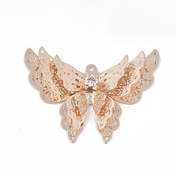Light Gold Brass Pendants, with Crystal Rhinestone, Butterfly, Light Gold, 26x34.5x8.5mm, Hole: 1mm