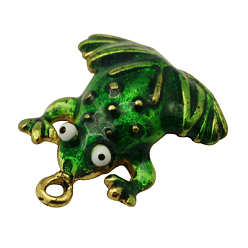Green Brass Enamel Pendants, Frog, Golden Color, Green, Size: about 15mm wide, 17mm long, hole: 1.5mm