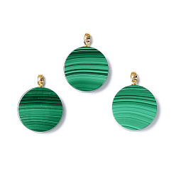 Malachite Natural Malachite Pendants, Flat Round Charms, with Golden Plated 925 Sterling Snap on Bails, 24x20x4.5mm, Hole: 1.6x2.8mm