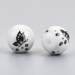 Gunmetal Plated Electroplate Glass Beads, Round with Butterfly Pattern, Gunmetal Plated, 10mm, Hole: 1.2mm