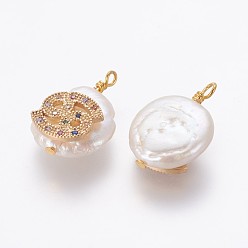 Cancer Pendentifs de perles d'eau douce de culture naturelle, avec accessoires zircon cubique micro pave en laiton, pépites avec constellation, or, colorées, cancer, 17~22x11~16x5~11mm, Trou: 1.6mm