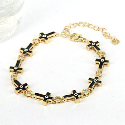Black Enamel Cross with Evil Eye Link Chains Bracelet with Cubic Zirconia, Gold Plated Brass Jewelry for Women, Black, 9-1/2~10-1/4 inch(24~26cm)