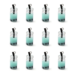 Pale Turquoise Glass Bottle Pendants, with Resin Inside, Imitation Bubble Tea/Boba Milk Tea, Pale Turquoise, 27x12x10mm, Hole: 1.8mm