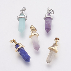 Mixed Stone Brass Natural Mixed Stone Double Terminated Pointed Pendants, Bullet, 17~20x7x6.5mm, Hole: 2x4mm