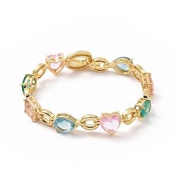 Golden Colorful Cubic Zirconia Heart & Rectangle & Teardrop Link Chain Bracelet, Brass Jewelry for Women, Golden, 7-3/4 inch(19.8cm)