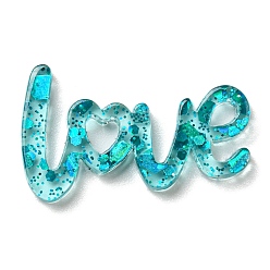 Dark Turquoise Transparent Acrylic Cabochons, with Sequin, Word LOVE, Dark Turquoise, 14.5x24x2mm