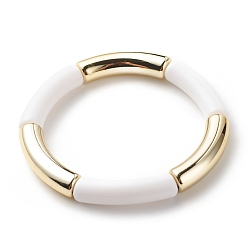 White Acrylic Curved Tube Beaded Stretch Bracelet for Women, White, Inner Diameter: 2-1/8 inch(5.3cm)
