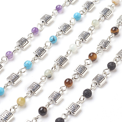 Mixed Stone Handmade Natural & Synthetic Mixed Stone Beaded Chains, Unwelded, with Iron Needle and Alloy Finding, Antique Silver & Platinum, 4~5mm, 39.37 inch, 1m/strand