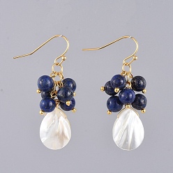 Lapis Lazuli Natural Lapis Lazuli Dangle Earrings, with Natural Spiral Shell Beads, Real 18K Gold Plated Brass Earring Hooks and Copper Wire, 43mm, Pin: 0.6mm