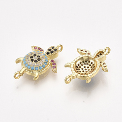 Golden Brass Micro Pave Cubic Zirconia Links, Turtle, Colorful, Golden, 21x14x3.5mm, Hole: 1.2mm