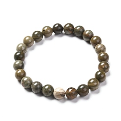 Jaspe Feuille Argent Bracelet extensible de perles rondes de jaspe feuille d'argent naturel pour hommes femmes, perle: 8~8.5 mm, diamètre intérieur: 2-1/4 pouce (5.7 cm)