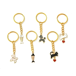 Doré  Porte-clés pendentif en alliage d'émail, avec des anneaux de fer, chien, chat et arête de poisson, or, 7.3~7.5 cm
