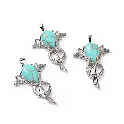 Synthetic Turquoise Synthetic Turquoise Teardrop Pendants, Key Charms, with Rack Plating Platinum Tone Brass Findings, 46x32x9~10.5mm, Hole: 7x5mm