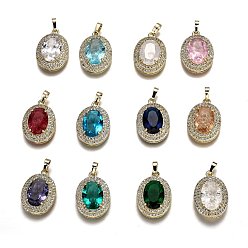 Mixed Color Golden Plated Brass Micro Pave Clear Cubic Zirconia Pendants, with Glass, with Snap on Bails, Long-Lasting Plated, Oval, Mixed Color, 22.5x16x7mm, Hole: 3x5mm