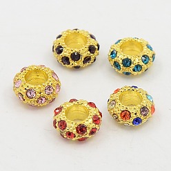 Mixed Color Alloy Rhinestone European Beads, Large Hole Beads, Rondelle, Golden Metal Color, Mixed Color, 11x5.5mm, Hole: 5mm