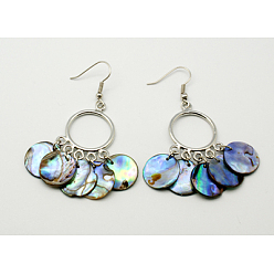 Colorful Natural Abalone Shell/Paua ShellChandelier Earrings, with Brass Earring Hooks, Colorful, Size: about 31mm wide, 60mm long, 3.8mm thick, hook: 17mm long