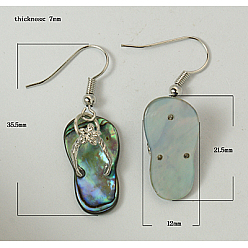 Colorful Abalone Shell/Paua ShellEarrings, Single Side, with Brass Earring Findings and Rhinestone, Shoes, Colorful, Size: about 12mm wide, 35.5mm long, 7mm thick