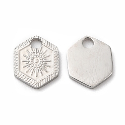 Stainless Steel Color 316L Surgical Stainless Steel Charms, Hexagon with Sun Charm, Textured, Stainless Steel Color, 8.2x7x1mm, Hole: 1.5mm