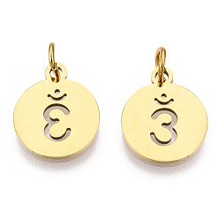 Golden 304 Stainless Steel Charms, with Jump Ring, Flat Round with Ohm/Aum Charm, Golden, 14x12x1.1mm, Hole: 3mm