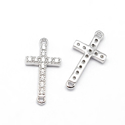 Real Platinum Plated Latin Sideways Cross Brass Micro Pave Cubic Zirconia Links, Clear, Cadmium Free & Nickel Free & Lead Free, Real Platinum Plated, 17x9x2mm, Hole: 1mm