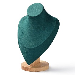 Teal Velvet Bust Necklace Display Stands with Wooden Base, Jewelry Holder for Necklace Storage, Teal, 17x11.3x24.5cm