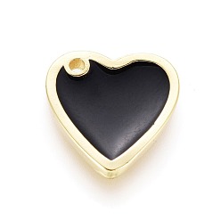 Noir Charmes laiton émail, cœur, or, noir, 13x13x2mm, Trou: 1.2mm