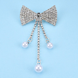 Argent Nœud papillon en strass cristal avec épinglette perle en plastique, insigne créatif en laiton pour vêtements de sac à dos, argenterie, 93x47x12.5mm, pin: 0.7 mm