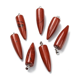 Piedra Roja Colgantes de jaspe rojo naturales, con fornituras de latón de platino, bala, 32~35x10~11 mm, agujero: 7 mm