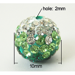 Lime Mideast Rhinestone Beads, with Polymer Clay, Round Pave Disco Ball Beads, Lime, Size: about 10mm in diameter, hole: 2mm, rhinestone: PP13(1.9~2mm).
