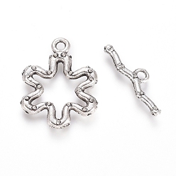 Antique Silver Tibetan Style Alloy Toggle Clasps, Flower, Antique Silver, Flower: 21x16x2mm, Hole: 2mm, Bar: 6x19x2mm, Hole: 2mm