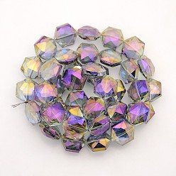 Violeta Oscura Electroplate hexágono completo arco iris cuentas de vidrio de filamentos plateado, facetados, violeta oscuro, 15x14x8 mm, agujero: 1 mm, sobre 50 unidades / cadena, 23.6 pulgada