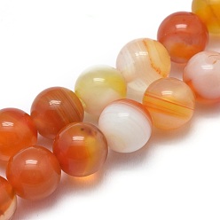 Orange Red Natural Striped Agate/Banded Agate Beads Strands, Dyed & Heated, Round, Orange Red, 6mm, Hole: 1.2mm, about 62pcs/strand, 14.9 inch(38cm)