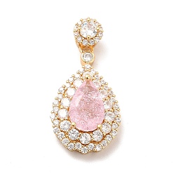 Pink Brass Micro Pave Clear Cubic Zirconia Pendants, with Faceted Glass, Teardrop, Real 18K Gold Plated, Pink, 32.5mm, Hole: 3.5x2.5mm