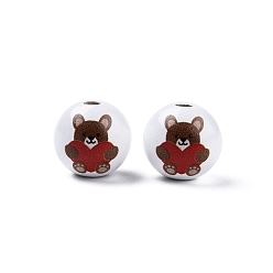 Bear Valentine's Day Theme Printed Wooden Beads, Round, Coconut Brown, Bear Pattern, 15.5~16x15mm, Hole: 3.5mm