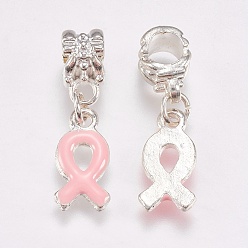 Pink Metal Alloy European Dangle Pendants, Breast Cancer Pink Awareness Ribbon, with Enamel, 27mm