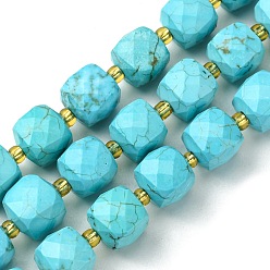 Synthetic Turquoise Synthetic Blue Turquoise Beads Strands, with Seed Beads, Faceted Cube, 8~9x8~9x8~9mm, Hole: 0.9~1mm, about 35~39pcs/strand, 14.80''~15.16''(37.6~38.5cm)