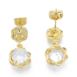 Real 18K Gold Plated Flower Clear Cubic Zirconia Stud Earrings, Brass Dangle Earring for Women, Nickel Free, Real 18K Gold Plated, 23mm, Pin: 0.7mm