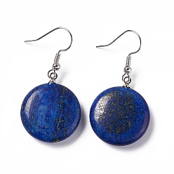 Lapis Lazuli Boucles d'oreilles pendantes rondes plates en lapis lazuli naturel, bijoux en laiton platine pour femme, 42mm, pin: 0.7 mm