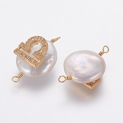 Libra Natural Pearl Links connectors, with Brass Micro Pave Cubic Zirconia Findings, Flat Round with Constellation, Golden, Clear, Libra, 20~26x9~17x5~11mm, Hole: 1.6mm
