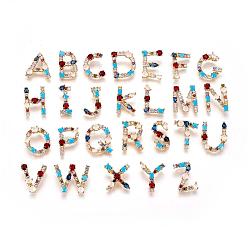Letter Brass Rhinestone Pendants, with Cubic Zirconia, Mixed Letters, Golden, Colorful, Random Mixed Letters, 18~20.5x8.5~23x2.5~3mm, Hole: 2~4x2~4mm