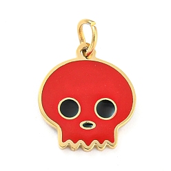 Red Halloween 304 Stainless Steel Charms, with Enamel and Jump Ring, Real 14K Gold Plated, Skull Charm, Red, 11.5x10x1mm, Hole: 2.5mm
