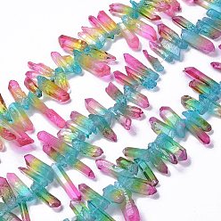Hot Pink Natural Quartz Crystal Dyed Beads Strands, Nuggets, Hot Pink, 24~50x6~12x5~8mm, Hole: 1mm, about 47~50pcs/strand, 35~37cm