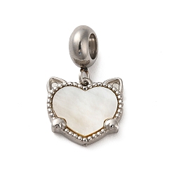 Stainless Steel Color 304 Stainless Steel European Dangle Charms, Large Hole Pendants with Heart Shaped White Shell, Cat Head, Stainless Steel Color, 22mm, Pendant: 13.5x14x3mm, Hole: 4.5mm