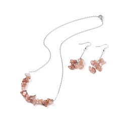 Red Agate Natural Red Agate Chips Beaded Jewelry Set, Gemstone Pendant Necklace & Cluster Dangle Earrings with 304 Stainless Steel Cable Chains for Women, Stainless Steel Color, 60mm, Pin: 0.6mm,19.29 inch(49cm)