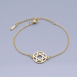 Golden 201 Stainless Steel Link Bracelets, for Jewish, with Lobster Claw Clasps, Flat Round with Star of David, Golden, 6-5/8 inch~6-7/8 inch(16.7~17.4cm)