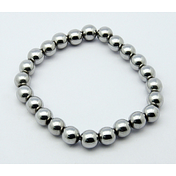 Серебро Круглые синтетические магнитные гематитовые браслеты из бисера стрейч, серебряные, 50 мм, бусина : 8 mm