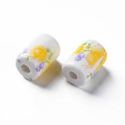 Yellow Handmade Porcelain Beads, Famille Rose Style, Column with Flower Pattern, Yellow, 12.5x8.5mm, Hole: 3mm