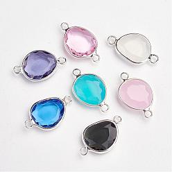 Mixed Color Brass Glass Links connectors, Silver Color Plated, teardrop, Faceted, Mixed Color, 22x13x4mm, Hole: 2mm