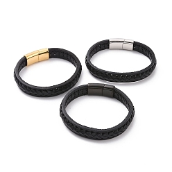 Couleur Mélangete Bracelet cordon tressé en cuir noir avec 304 fermoirs magnétiques en acier inoxydable, bracelet punk plat pour hommes femmes, couleur mixte, 8-1/2 pouce (21.7 cm)